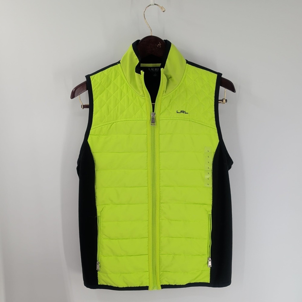 Lauren Ralph Lauren Zipper Pockets Quilted Full Zip Vest Neon Green Black Size L